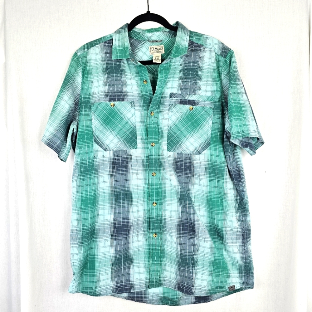 LL Bean Men's Shirt Green Gray Plaid Button Up Short Sleeve Size Large Tall‎